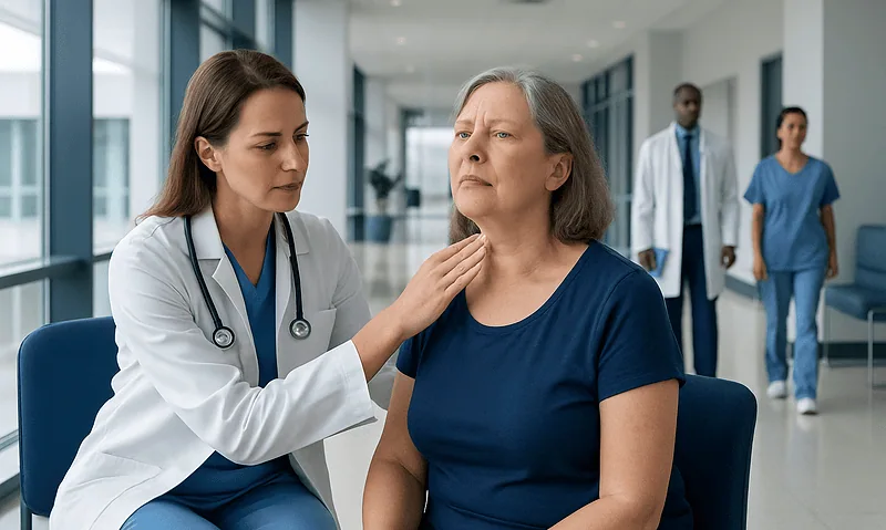 Doctor examining a woman with thyroid enlargement in a hospital corridor.