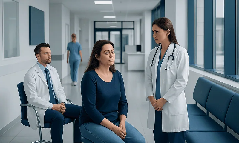 Doctor consulting a patient in a hospital corridor with waiting area.