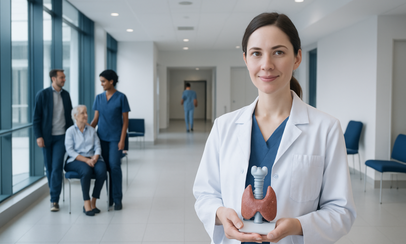 Medical professional holding thyroid model in hospital corridor.
