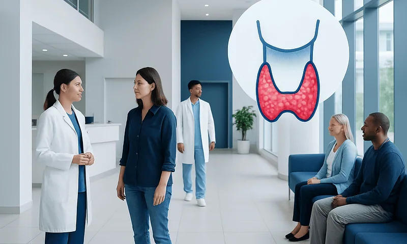 Endocrinologist consulting with a patient in a modern hospital lobby.