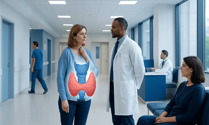Doctor explaining thyroid and thyroid gland to patient in hospital corridor.