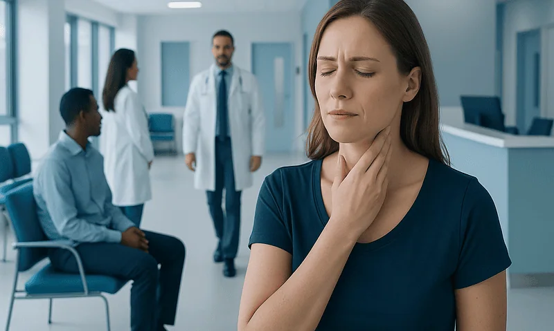 Woman experiencing throat discomfort in a hospital waiting area.