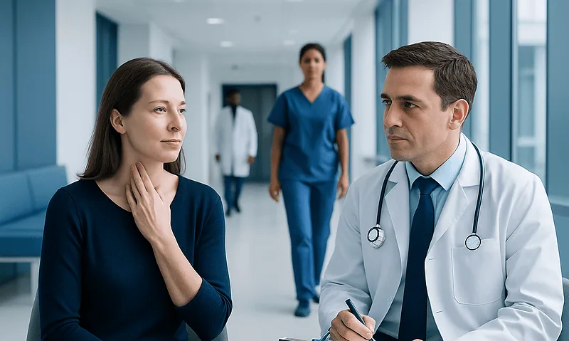 Doctor consulting a patient in a hospital corridor.