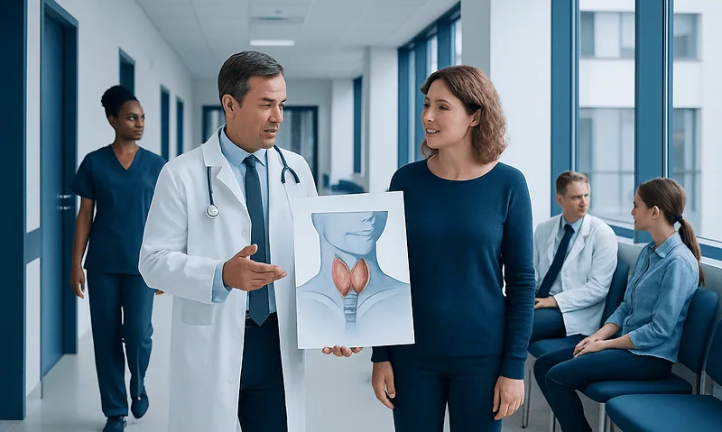 Doctor explaining thyroid diagram to a patient in a hospital corridor.