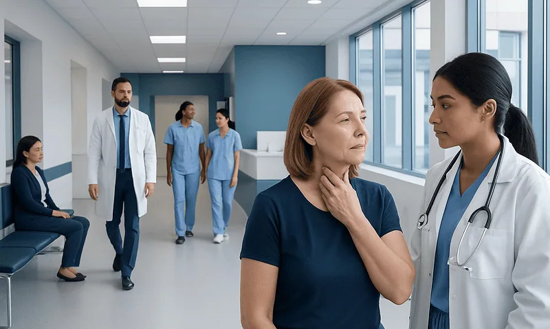 Doctor examining a woman in a hospital corridor with medical staff in background.