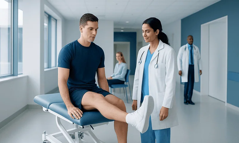 Tibialis Anterior Exercises: An Evidence-Based Guide for Patients 3 Patient receiving physiotherapy for leg injury at Acibadem Hospital.