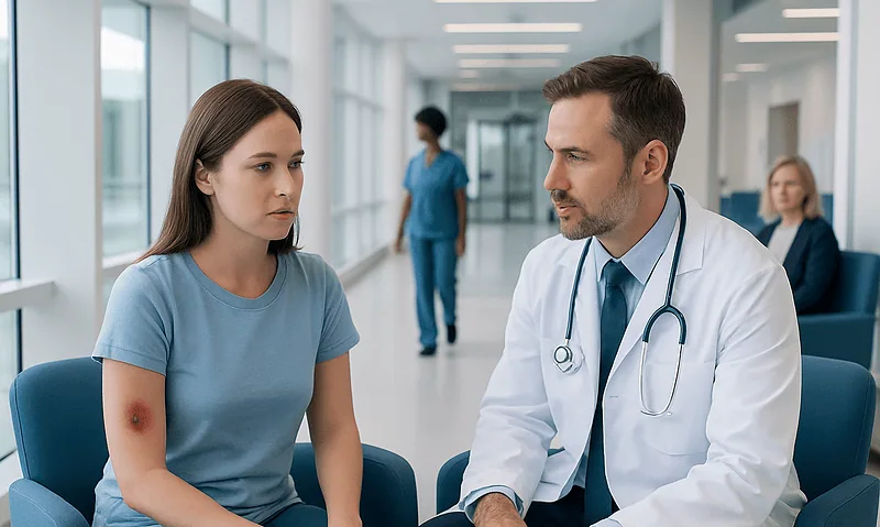 Doctor examining a young woman with a tick bite on her arm in a hospital corridor.