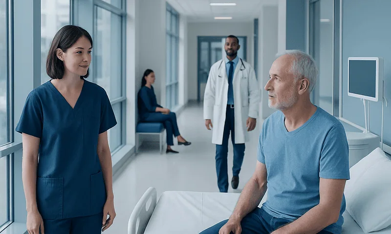 Hospital room with patient and medical staff engaging in consultation.