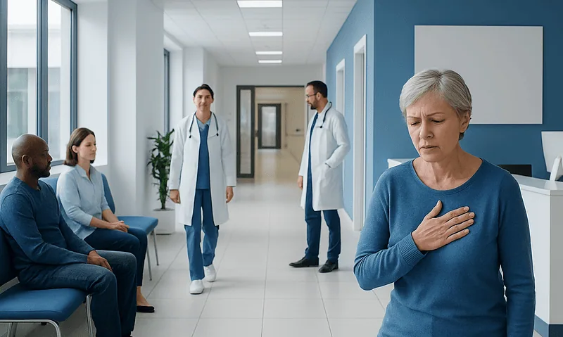 Elderly woman experiencing chest pain in hospital corridor.