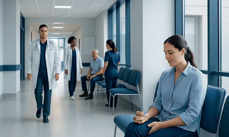 Healthcare professionals and patient in a modern hospital corridor.