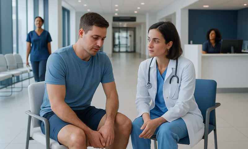 Doctor consulting with a patient about calf muscle issues in hospital.