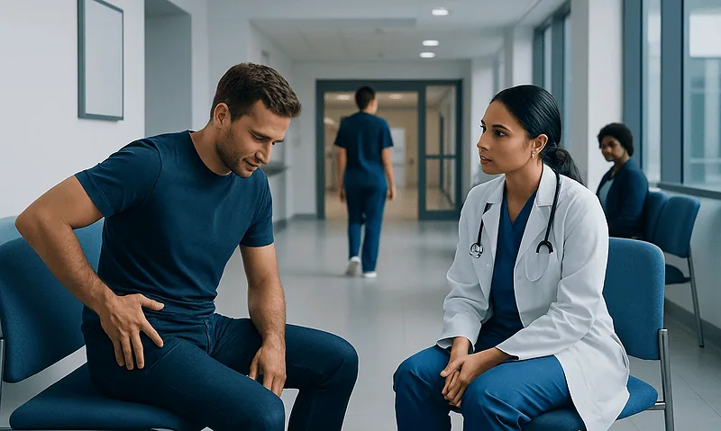 Patient consulting with doctor about hip pain in hospital corridor.