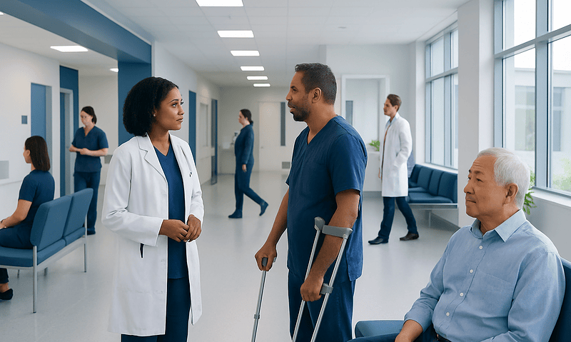 Hospital staff consulting with a patient in a modern healthcare facility.