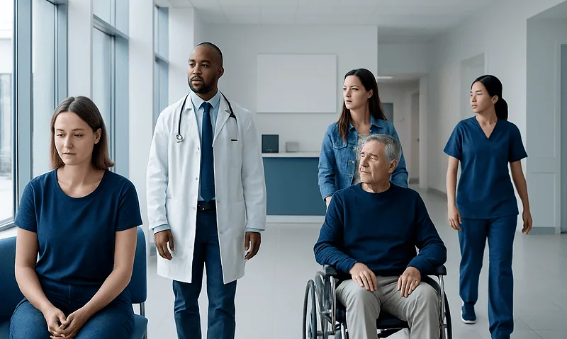 Medical team with patient in hospital corridor at Acibadem Hospitals Group.