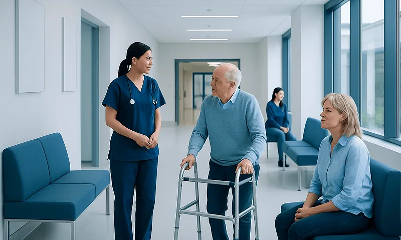 Nurse talking to elderly patient with walker in hospital corridor.