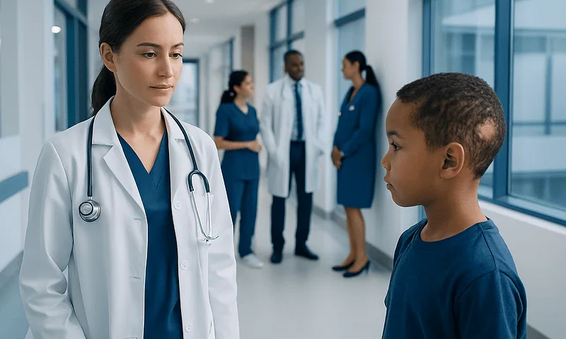 Doctor consulting young patient in hospital corridor with medical staff in background.