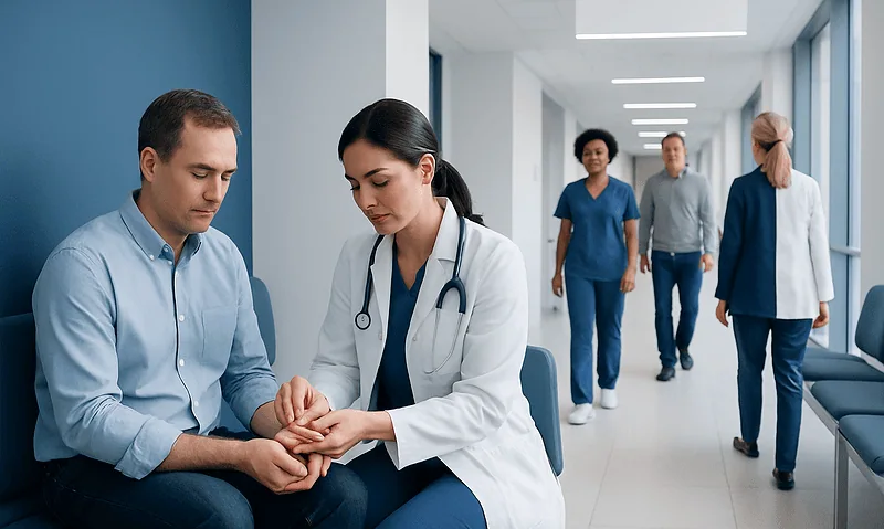Doctor examining patient's wrist in a modern hospital corridor.
