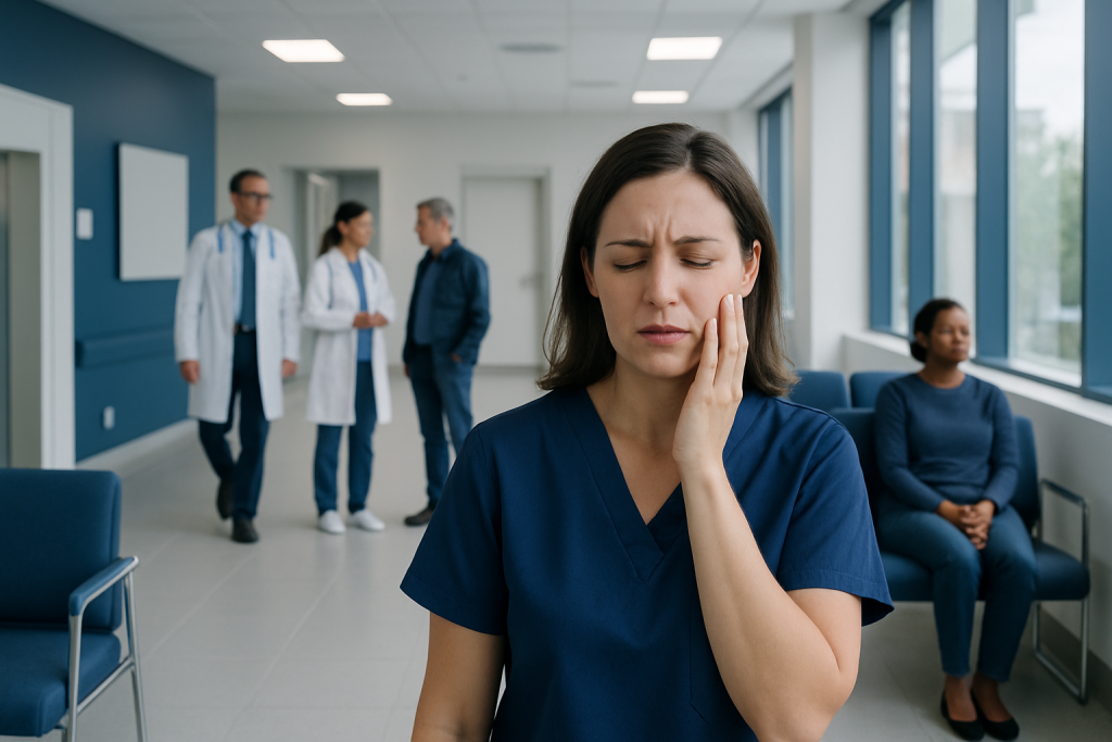 Tingling in Face — Explained by Medical Evidence, Not Myths 1 Young woman experiencing facial pain in a hospital corridor.