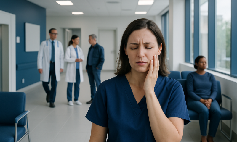 Young woman experiencing facial pain in a hospital corridor.
