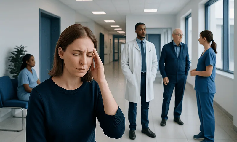 Patient experiencing headache in a hospital corridor with medical staff nearby.