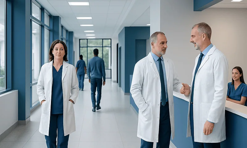 Doctors and medical staff in a modern hospital corridor at Acibadem Hospitals Group.