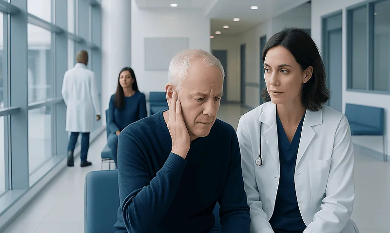 Elderly man consulting with a doctor about tinnitus symptoms in a hospital corridor.