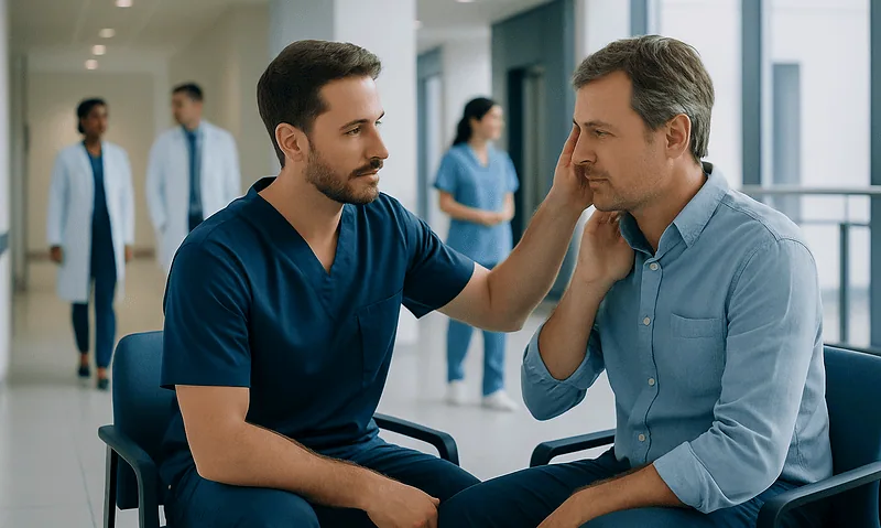 Doctor comforting a patient in a hospital corridor.
