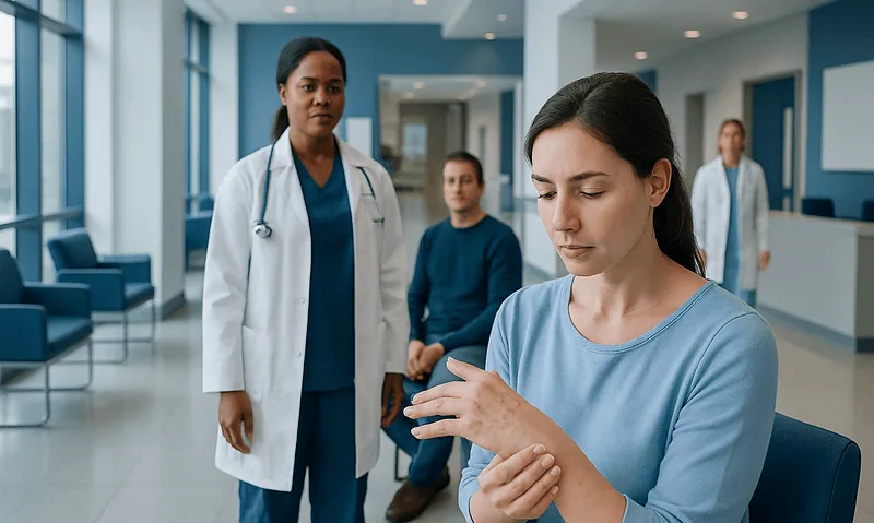 Patient examining her hand in a hospital corridor with medical staff nearby.