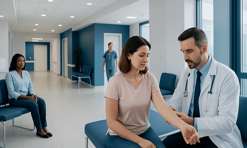 Doctor examining patient's arm in a hospital corridor.