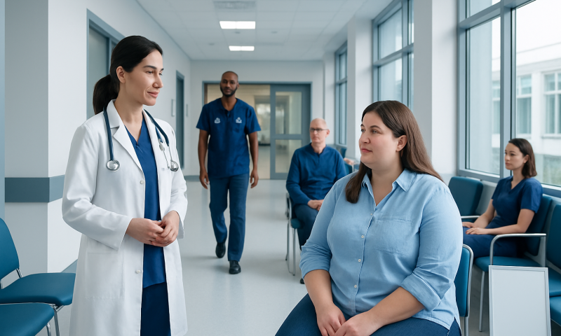 Medical team consulting patient in hospital corridor.