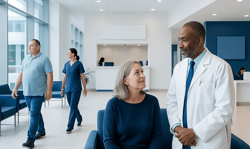 Doctor consulting with a patient in a modern hospital lobby.