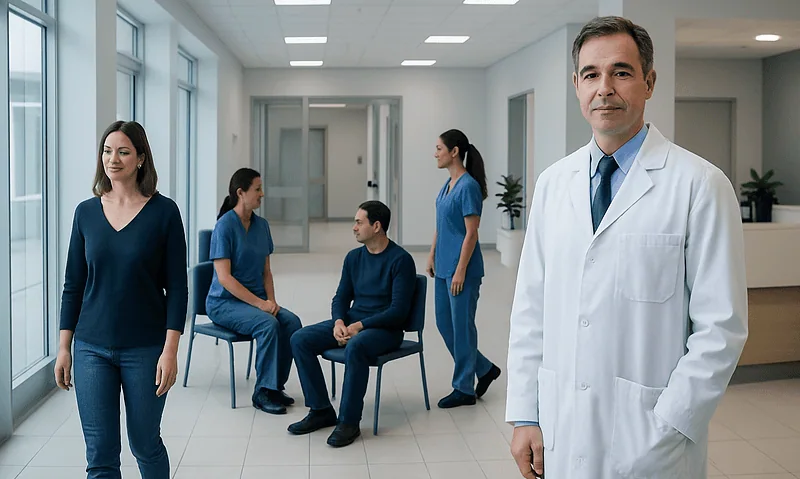 Medical team in hospital corridor with doctor and nurses.