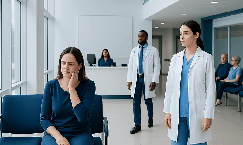 Tmj Pain Explained: Common Triggers and Red Flags 4 Patient experiencing jaw pain in a hospital waiting area.