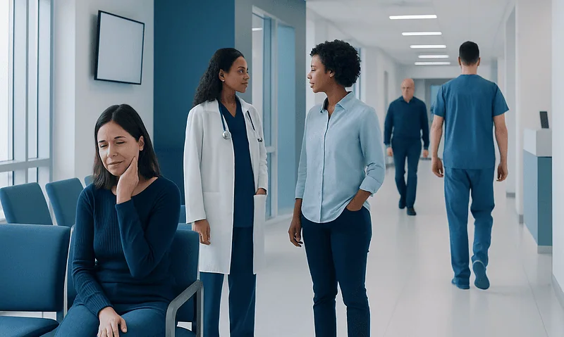 Medical professionals and patient in hospital corridor, healthcare setting.