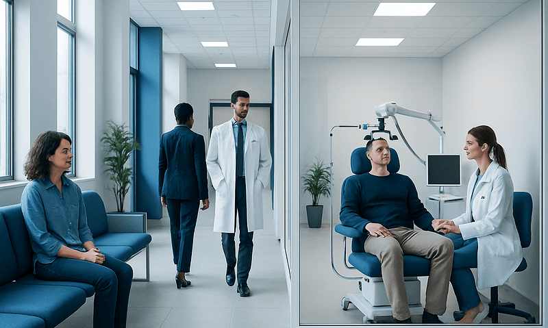 Medical consultation in a modern hospital with doctor and patient.