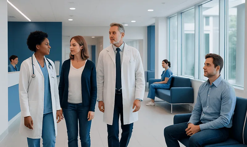 Medical team discussing patient care in hospital corridor.