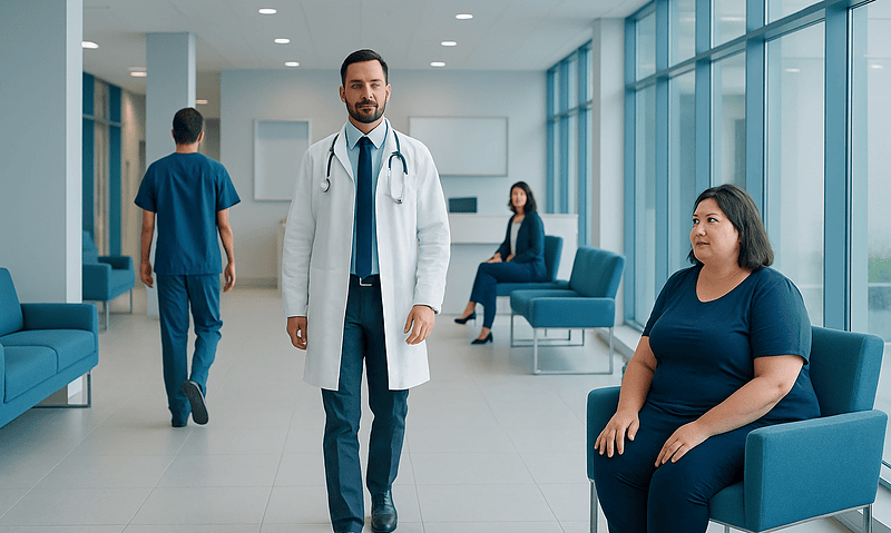 Doctor and patient in a modern hospital waiting area with large windows.