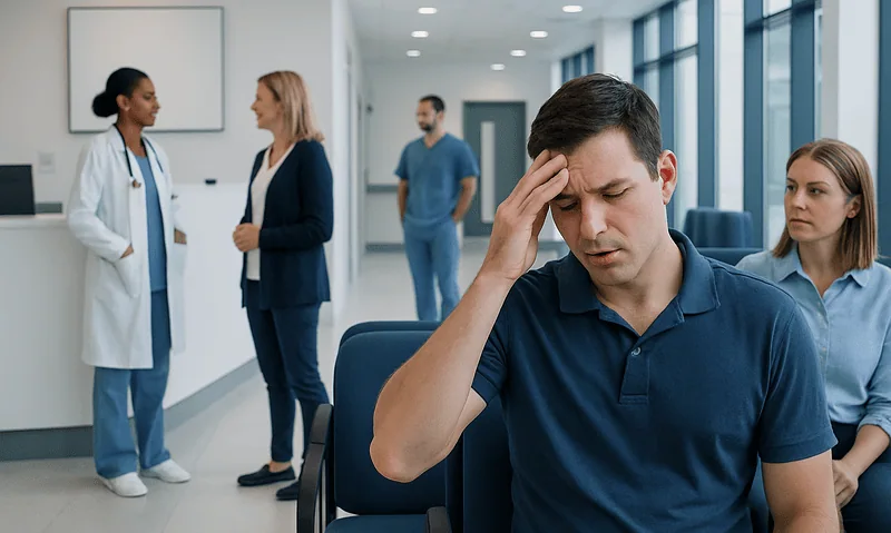 Man experiencing stress or headache in a medical waiting room.