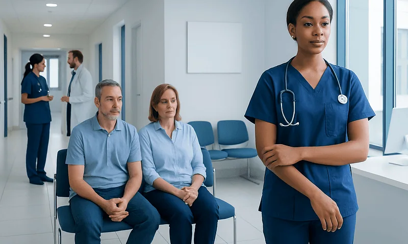 Healthcare professionals in a hospital waiting area with a nurse at the window.