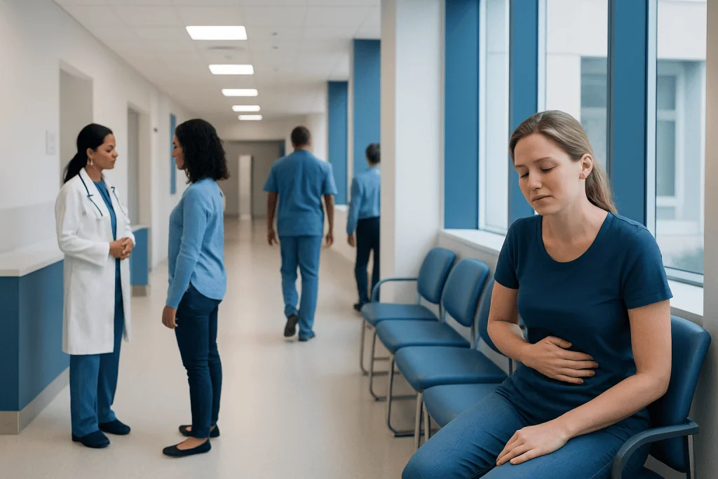 What to Do After Throwing Up? A Doctor-Reviewed Answer 1 Young woman experiencing stomach pain in hospital corridor with medical staff nearby.