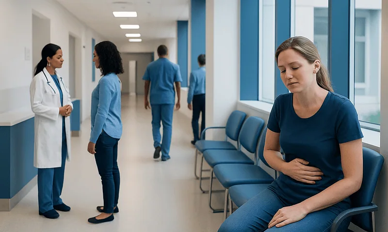 Young woman experiencing stomach pain in hospital corridor with medical staff nearby.