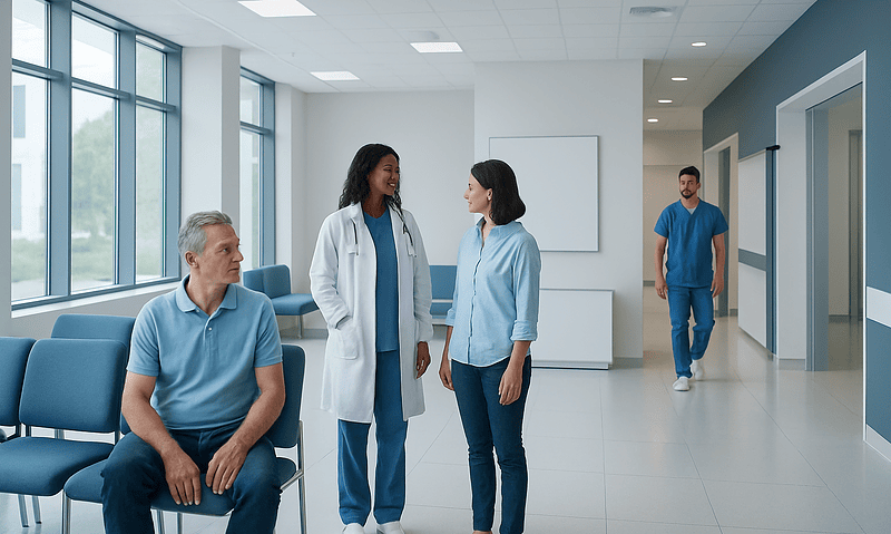 Hospital waiting area with medical staff and patient in a modern healthcare facility.