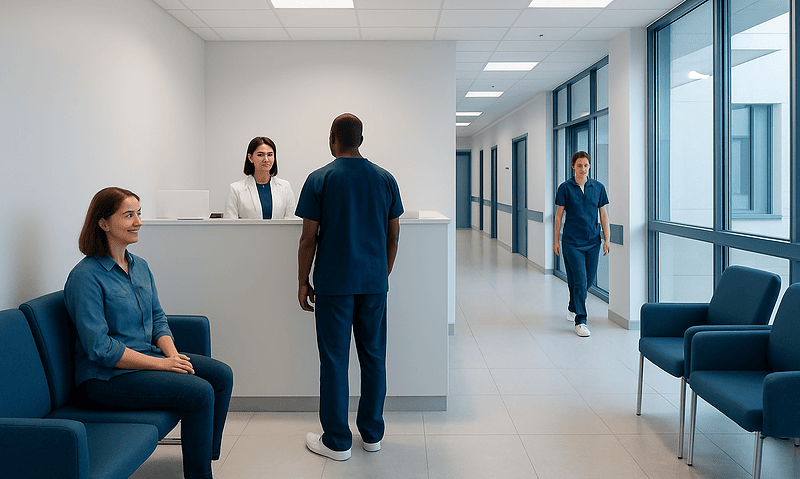 Modern hospital reception area with staff and patients.