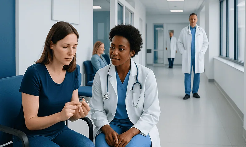 Doctor consulting with patient in hospital corridor.