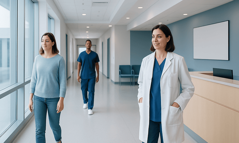 Healthcare professionals and patients in a modern hospital corridor.