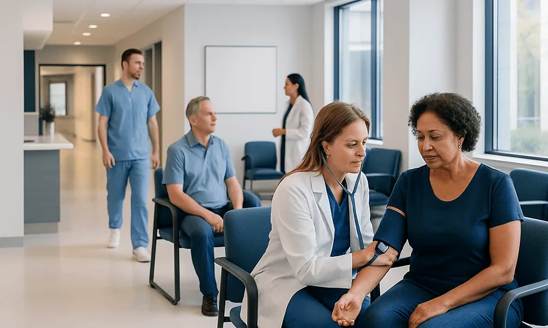 Doctor measuring blood pressure of a patient in a hospital corridor.
