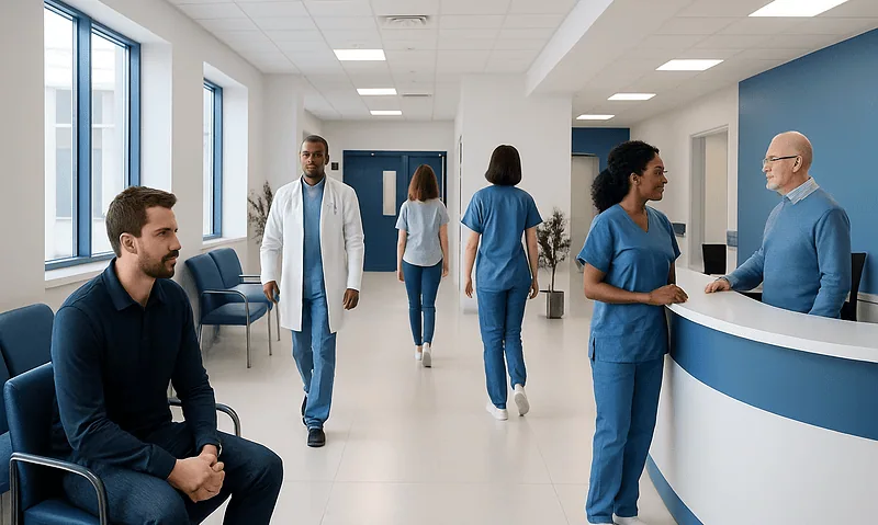 Modern hospital corridor with medical staff and patient seating area.