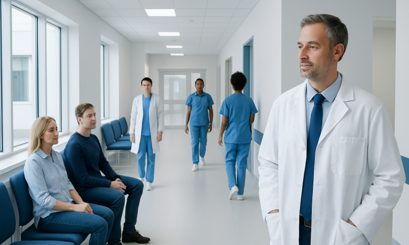 Medical professionals and patients in a hospital corridor at Acibadem Hospitals Group.