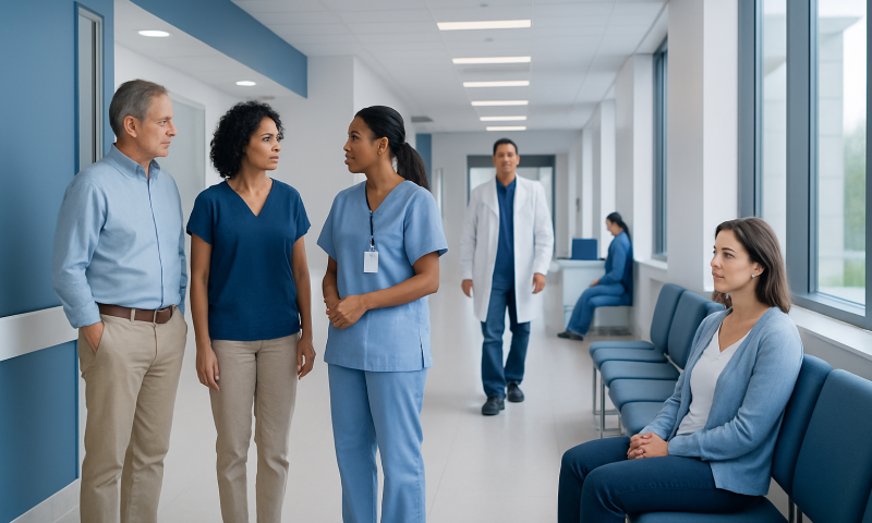 Medical team discussing patient care in hospital corridor.