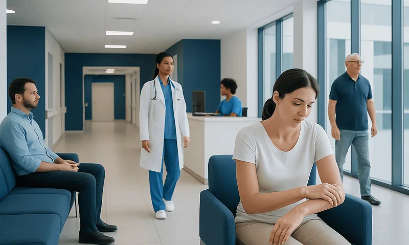 Patients waiting in a modern hospital corridor with medical staff nearby.